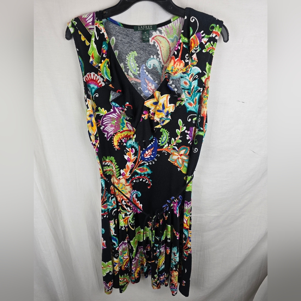 Lauren Ralph Lauren Colorful Floral Ruffled Vneck Sleeveless Dress w/tie Sz XL - Picture 2 of 11